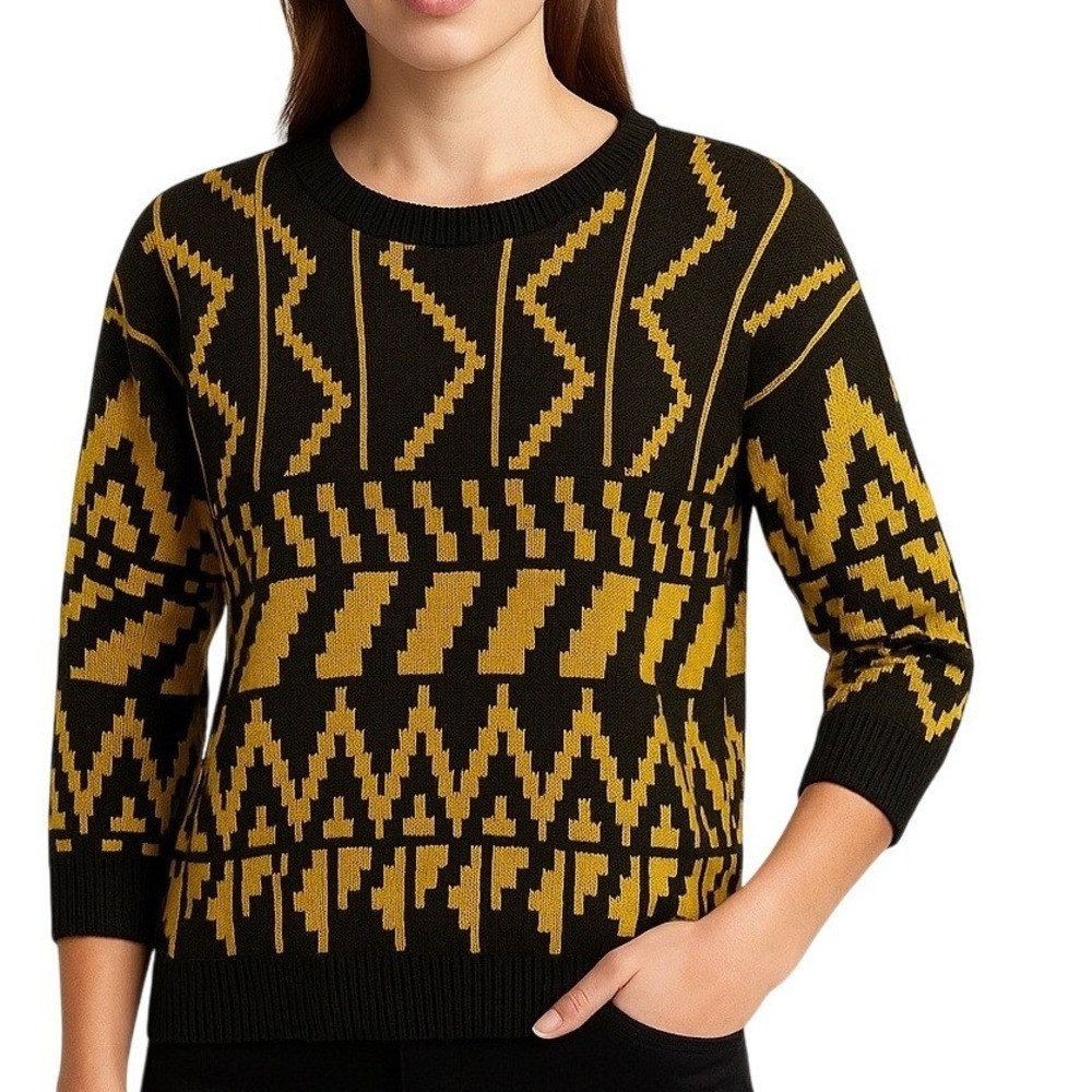 Vintage Adele Womens Geometric Knit Sweater M Black Yellow Retro Size M